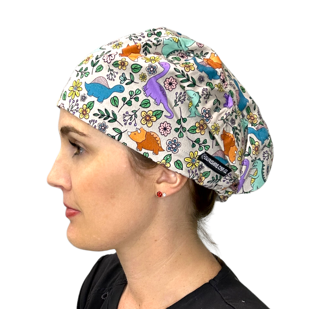 Dinosaur Floral Euro Scrub Cap for Women, by Sunshine Caps Co