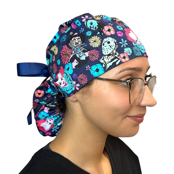 Horror Floral- Ponytail Scrub Cap