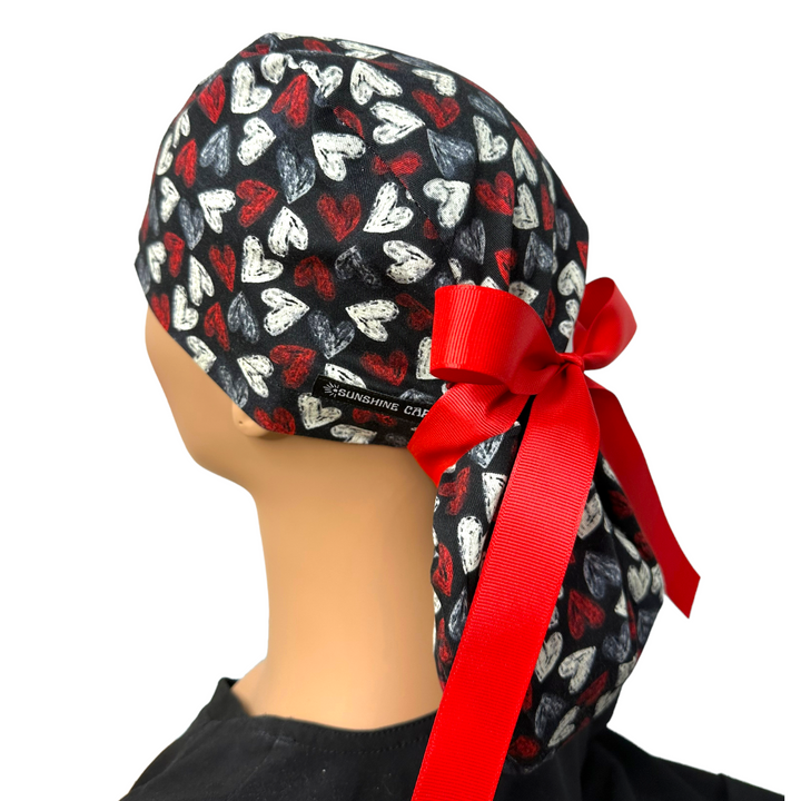 chalk heart valentine Ponytail Scrub Cap for Women, By Sunshine Caps Co.