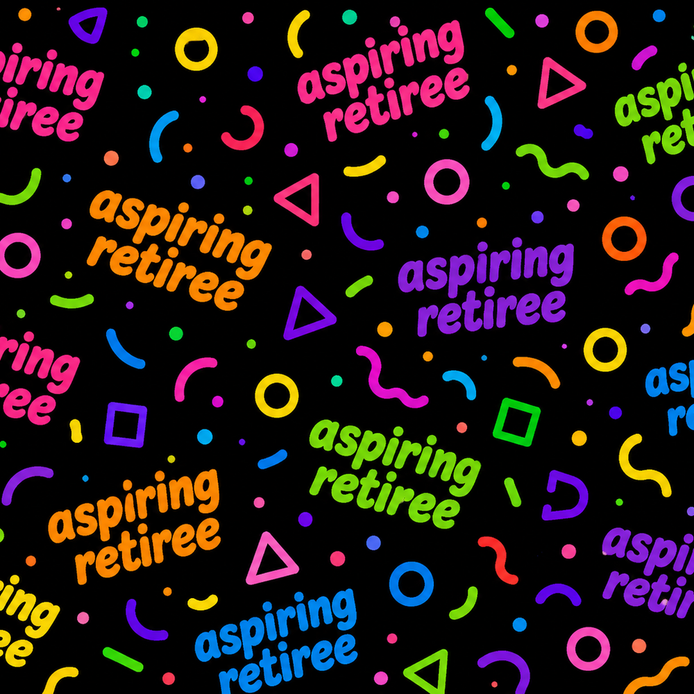 A repeating retro 1980s-style pattern on a black background with the phrase "aspiring retiree" in multiple neon colors, accompanied by confetti dots, wavy lines, and geometric shapes.