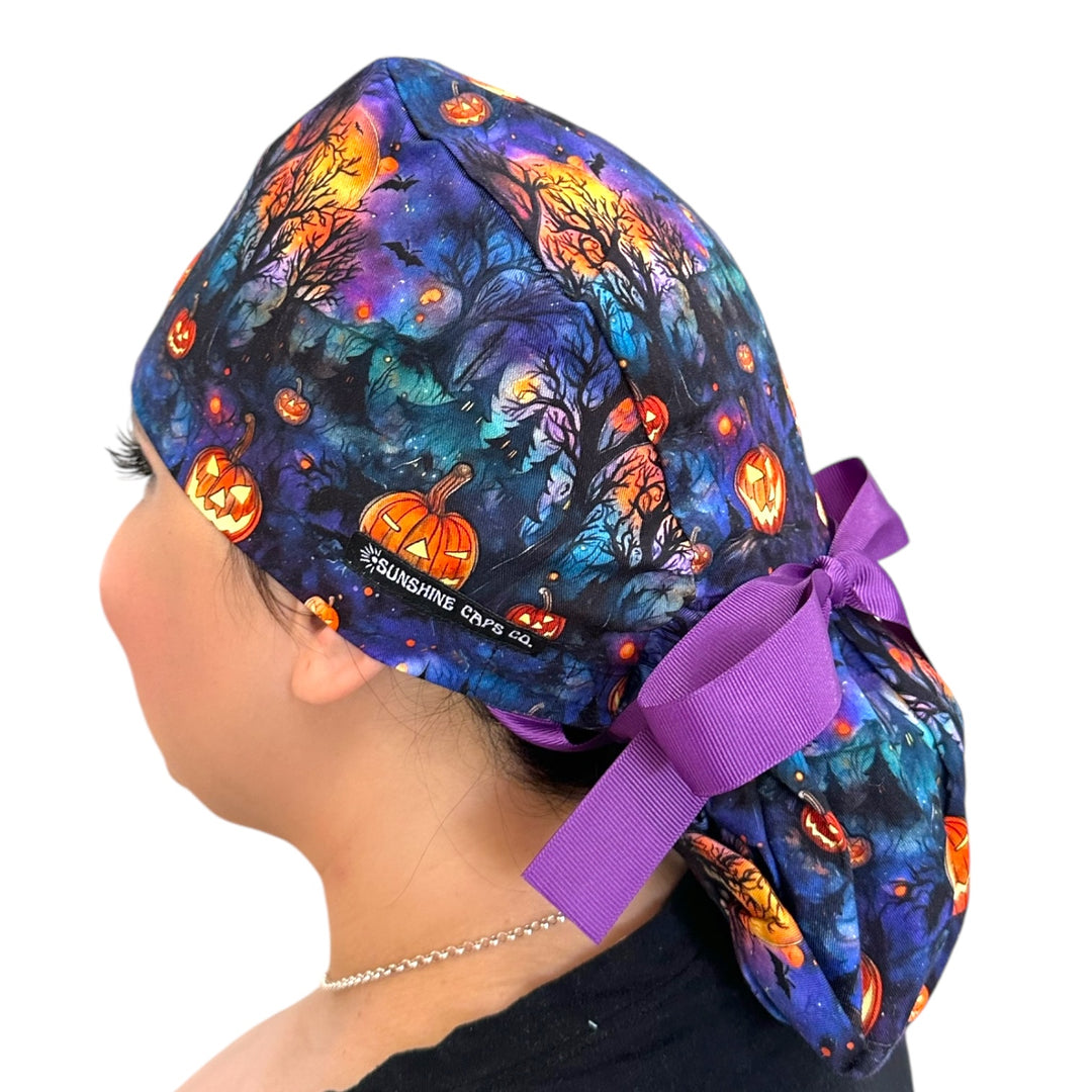 Haunted Woods Halloween Ponytail Scrub Cap for Women, By Sunshine Caps Co.