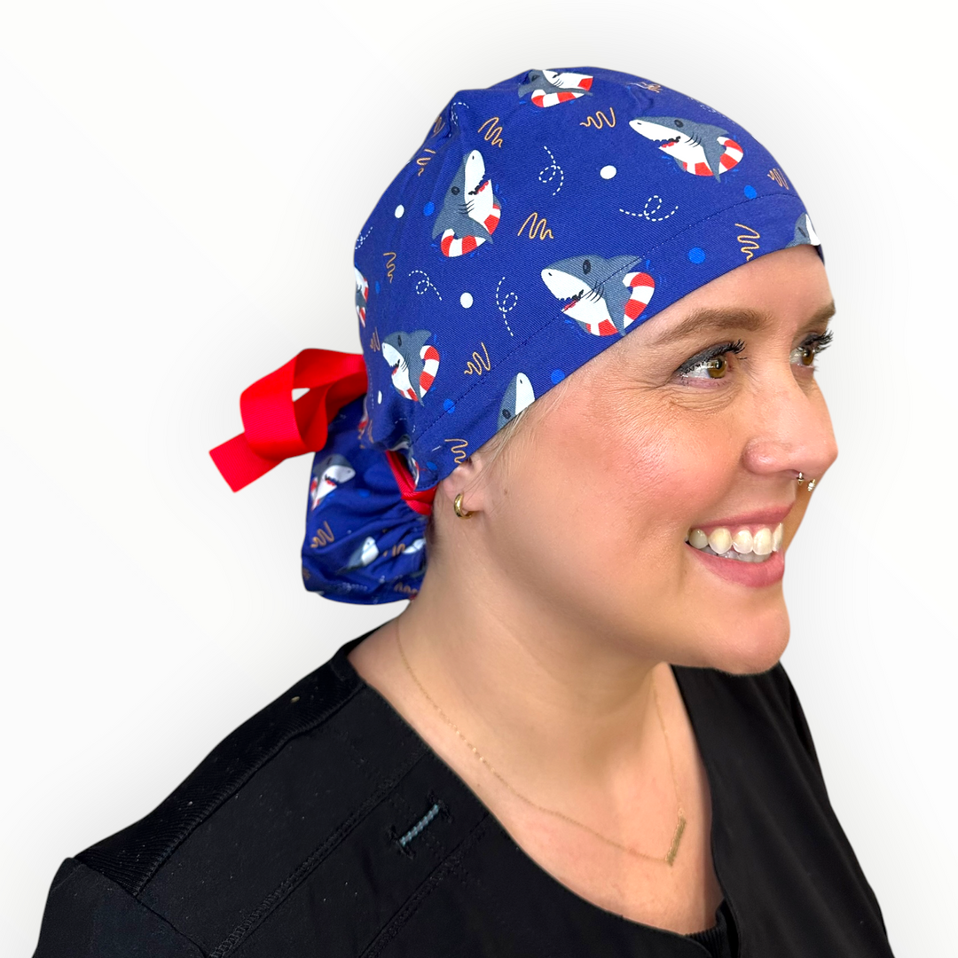 Shark Floaties Blue- Ponytail Scrub Cap