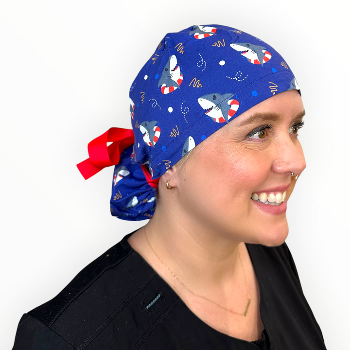 Shark Floaties Blue- Ponytail Scrub Cap