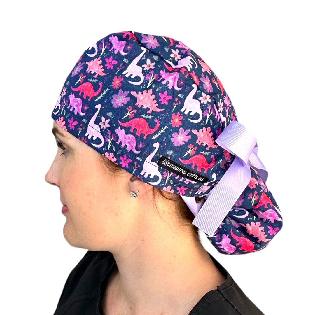 Dinosaur Navy Ponytail Scrub Cap for Women, By Sunshine Caps Co.