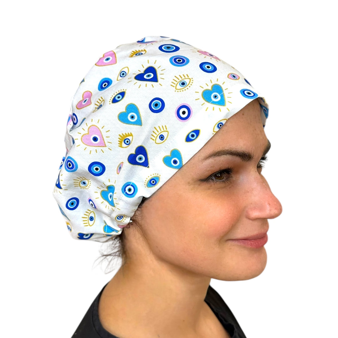 Love & Protection Evil Eye Euro Scrub Cap for Women, by Sunshine Caps Co