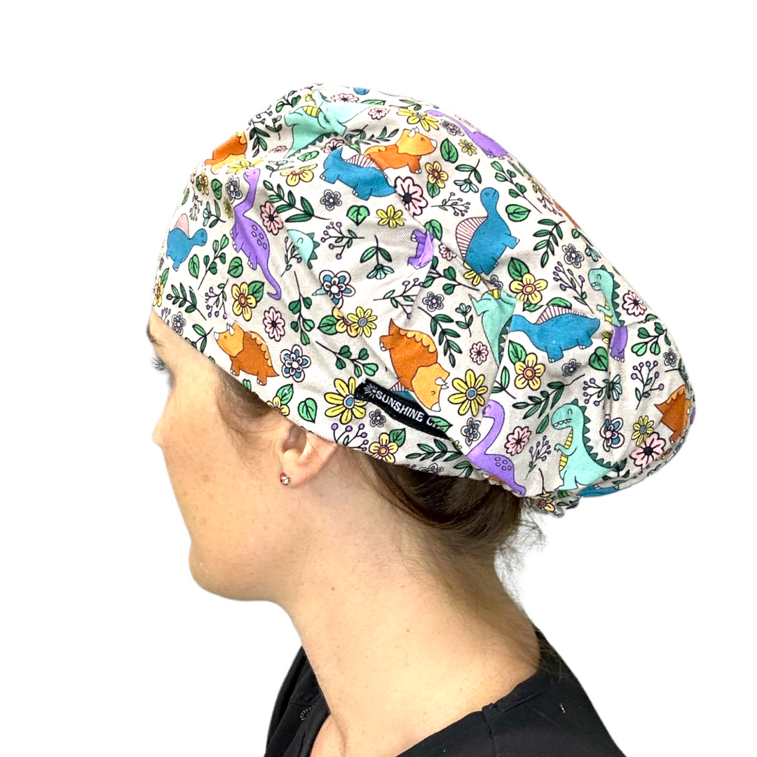 Dinosaur Floral Euro Scrub Cap for Women, by Sunshine Caps Co