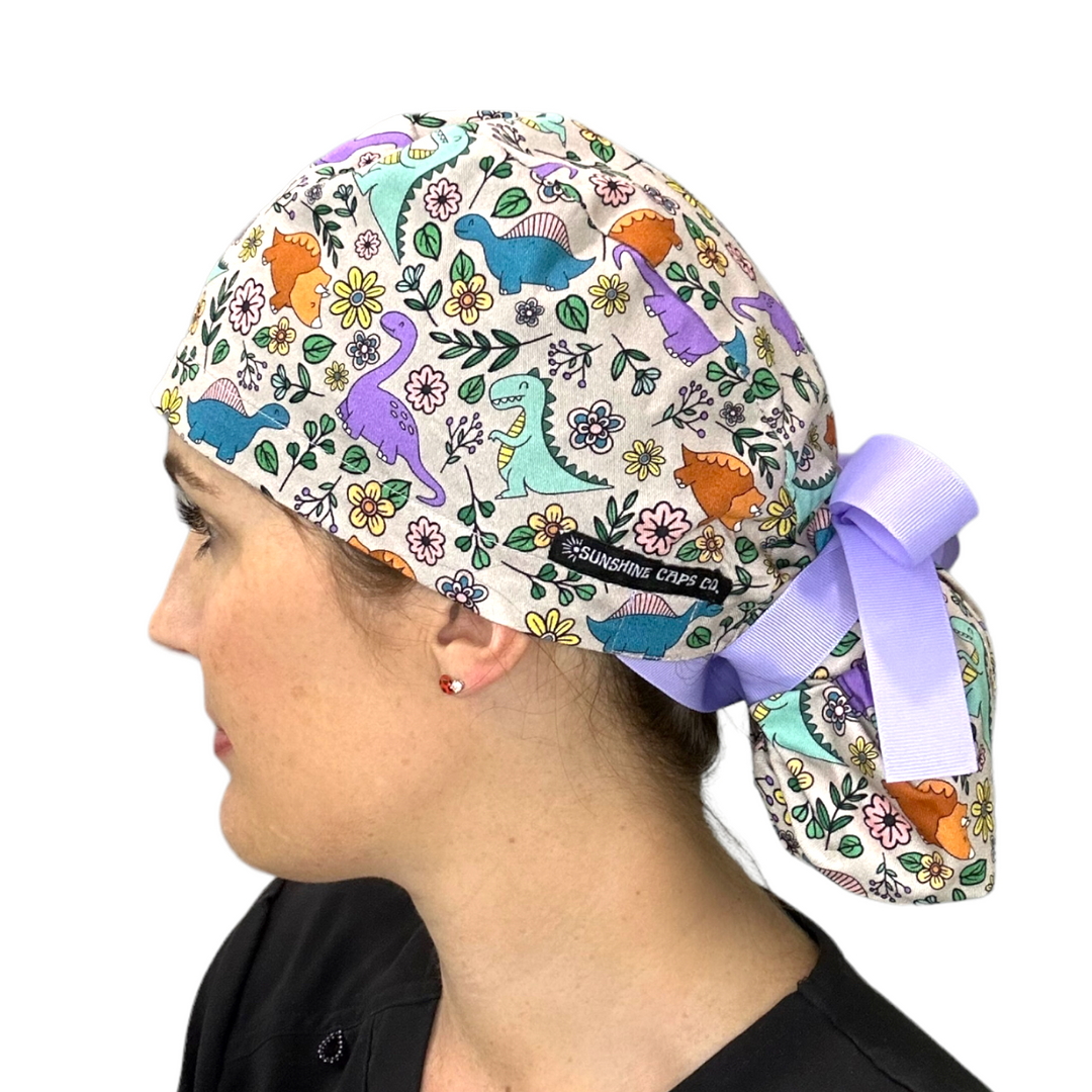Dinosaur floral Ponytail Scrub Cap for Women, By Sunshine Caps Co.