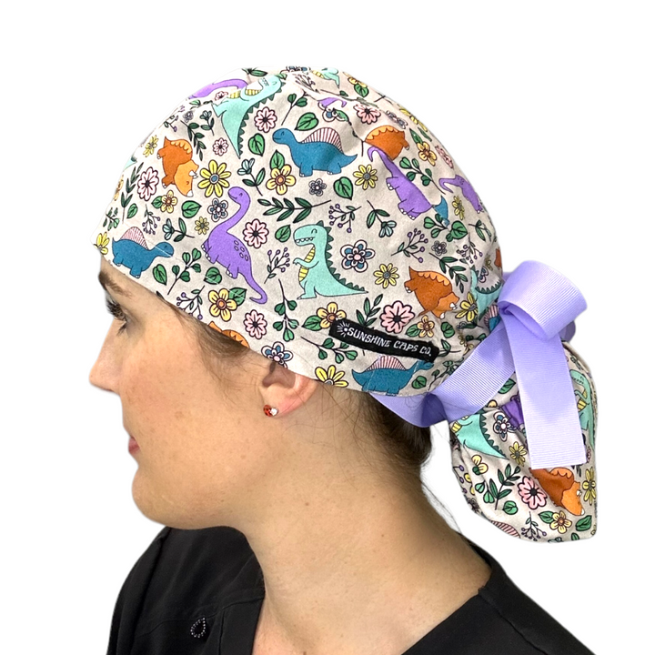 Dinosaur floral Ponytail Scrub Cap for Women, By Sunshine Caps Co.
