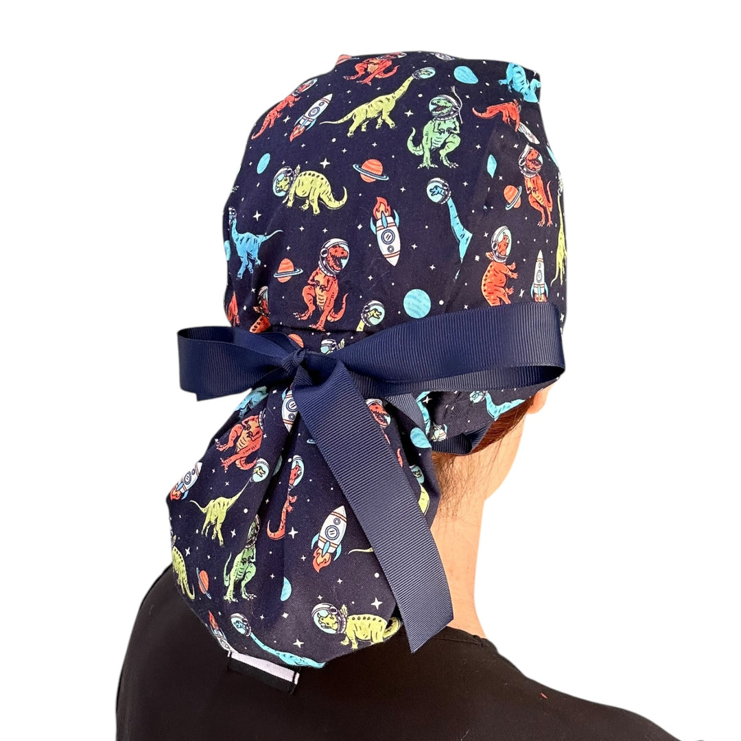 Space Dinosaur Ponytail Scrub Cap for Women, By Sunshine Caps Co.
