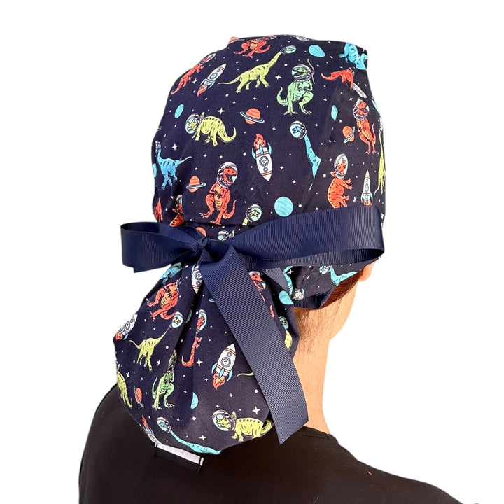 Space Dinosaur Ponytail Scrub Cap for Women, By Sunshine Caps Co.