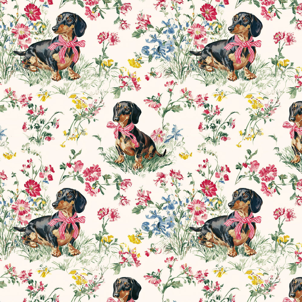 A repeating vintage-style floral print featuring black-and-tan dachshunds wearing pink bows, surrounded by multicolored wildflowers on a warm cream background.