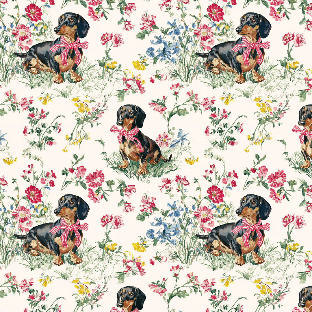 A repeating vintage-style floral print featuring black-and-tan dachshunds wearing pink bows, surrounded by multicolored wildflowers on a warm cream background.