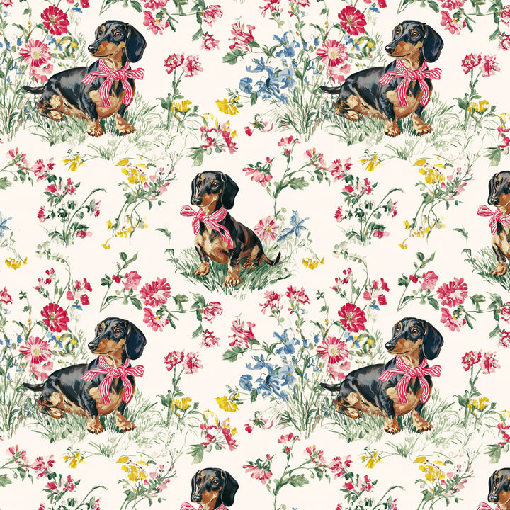 A repeating vintage-style floral print featuring black-and-tan dachshunds wearing pink bows, surrounded by multicolored wildflowers on a warm cream background.