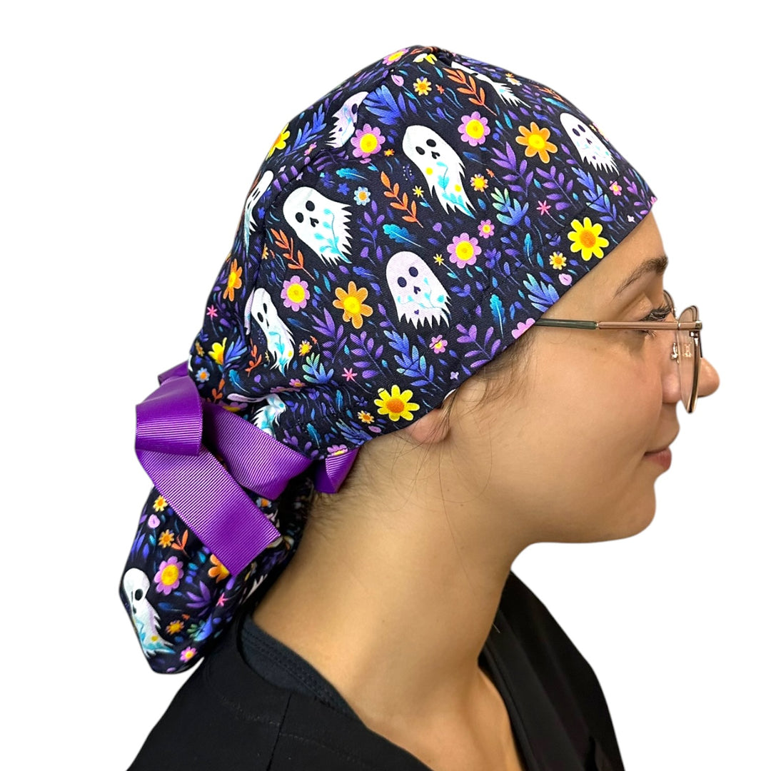 Ghost Floral- Ponytail Scrub Cap