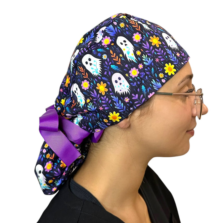 Ghost Floral- Ponytail Scrub Cap