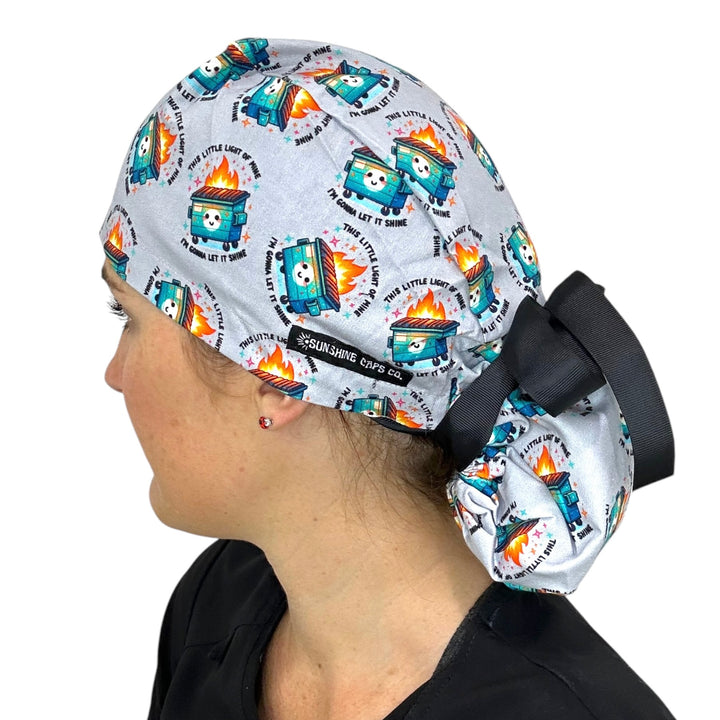 Dumpster Fire Ponytail Scrub Cap for Women, By Sunshine Caps Co.