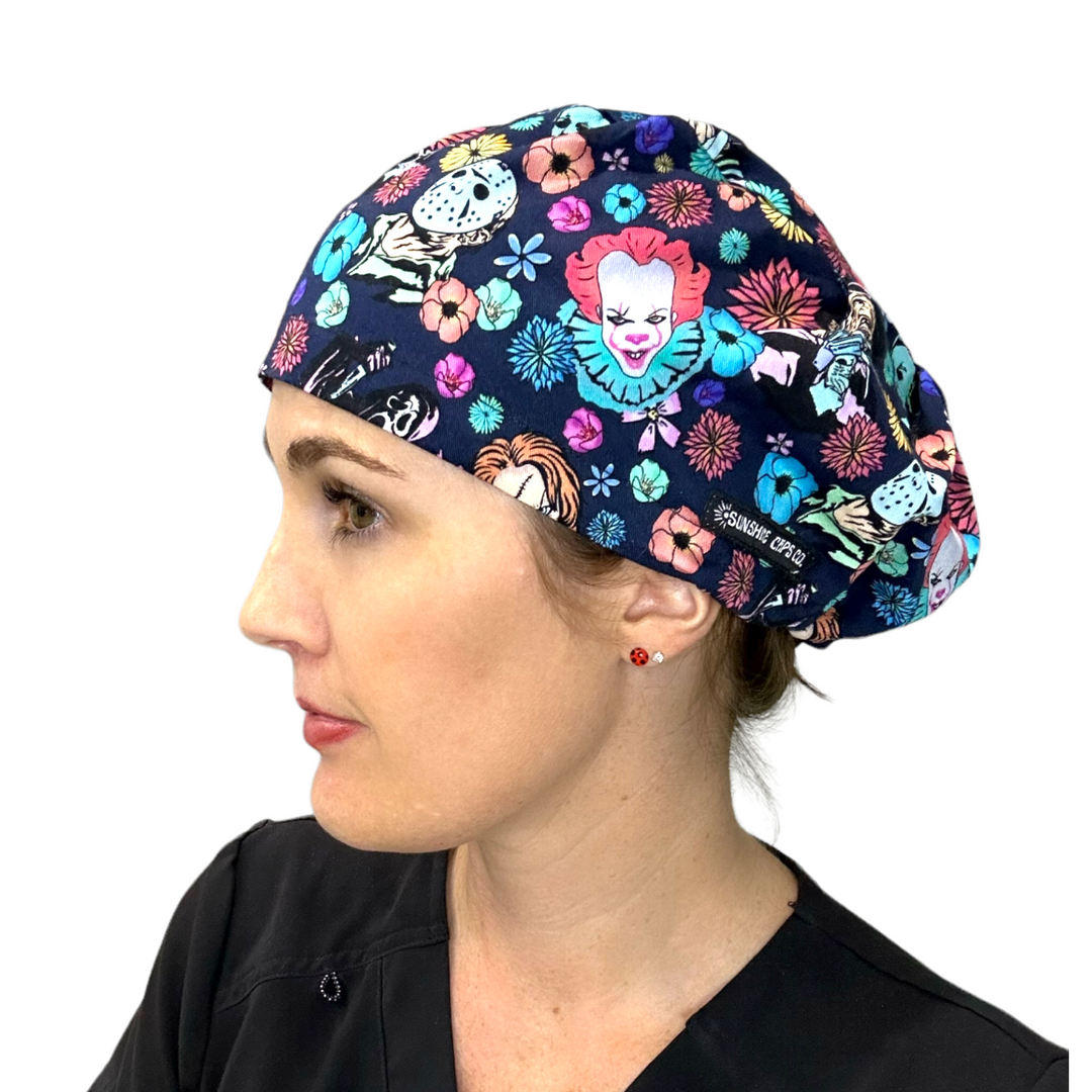 Horror Floral Halloween Euro Scrub Cap for Women, by Sunshine Caps Co