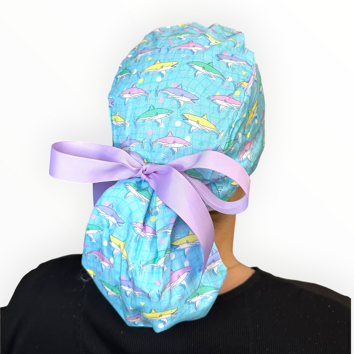 Retro Sharks- Ponytail Scrub Cap