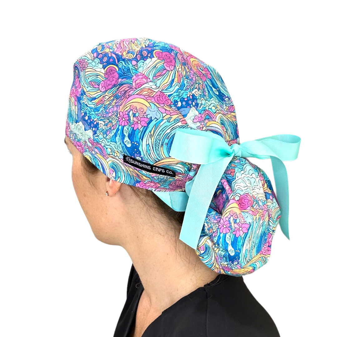 Preppy Waves Ponytail Scrub Cap for Women, By Sunshine Caps Co.