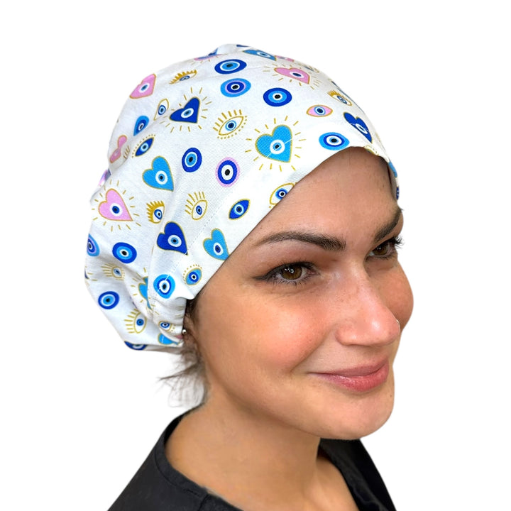 Love & Protection Evil Eye Euro Scrub Cap for Women, by Sunshine Caps Co