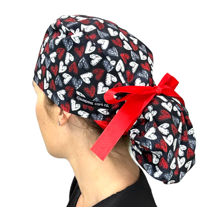 chalk heart valentine Ponytail Scrub Cap for Women, By Sunshine Caps Co.