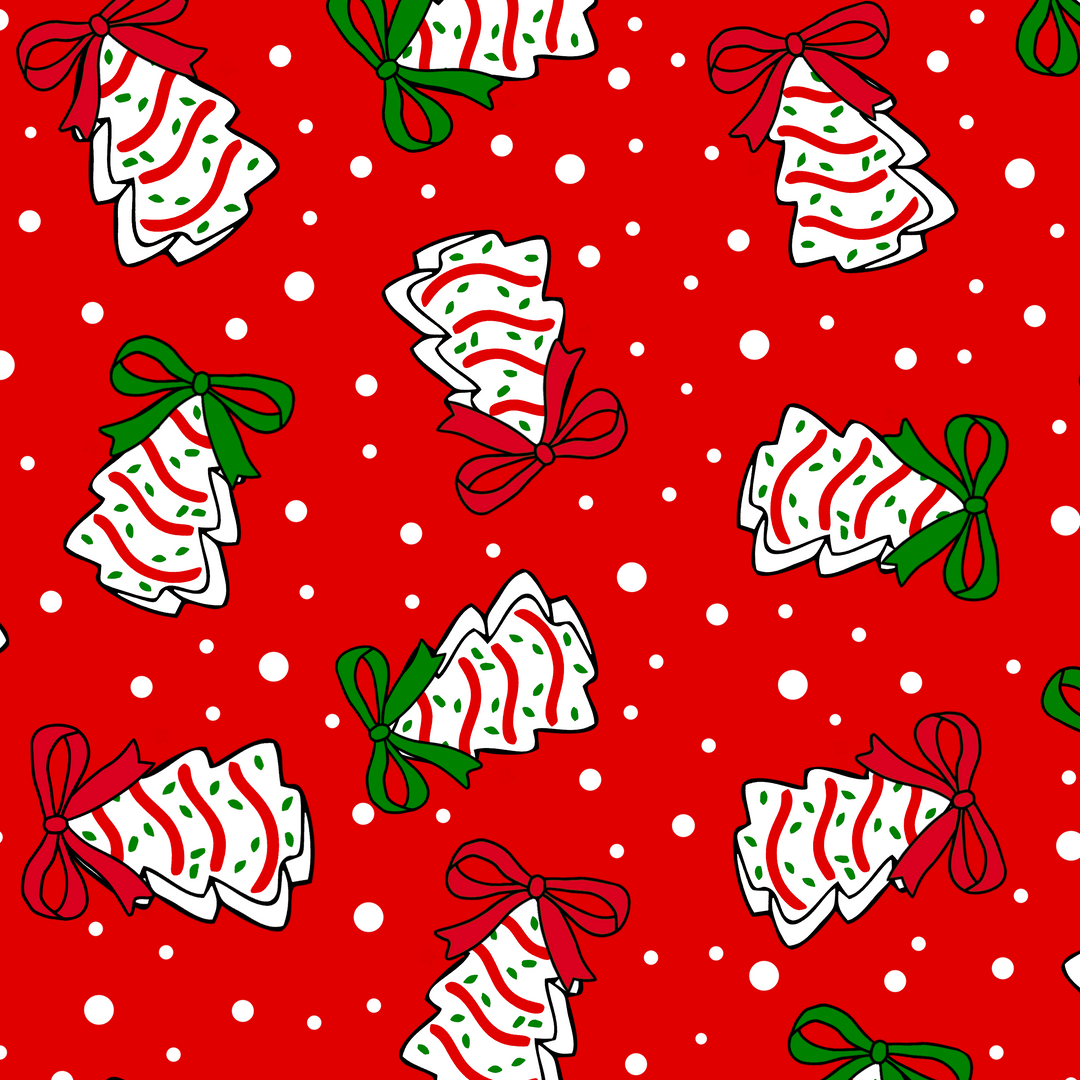 A festive Christmas pattern featuring illustrated white Christmas trees with red stripes, green bows, and red ribbons, scattered across a bright red background with white snowflakes.