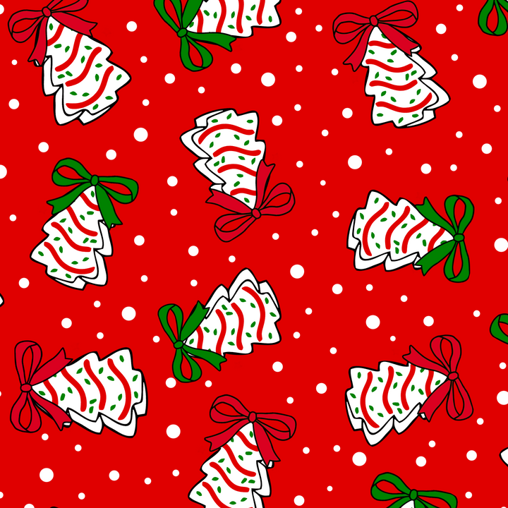 A festive Christmas pattern featuring illustrated white Christmas trees with red stripes, green bows, and red ribbons, scattered across a bright red background with white snowflakes.