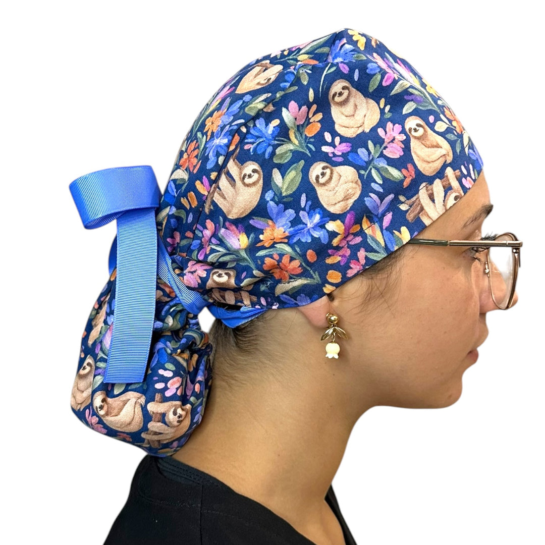 Sloth Whimsy- Ponytail Scrub Cap