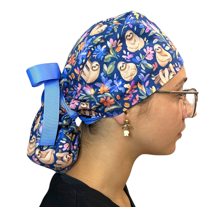 Sloth Whimsy- Ponytail Scrub Cap