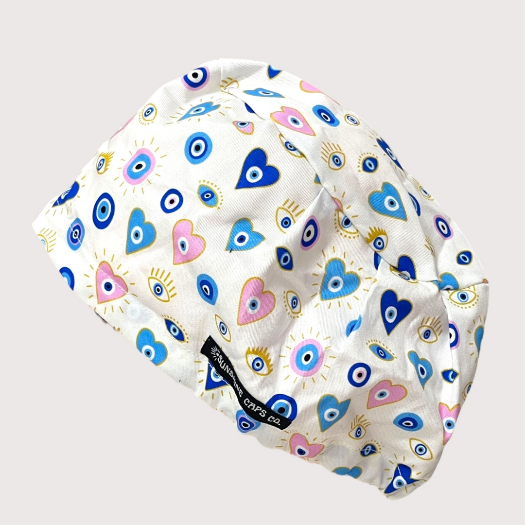 Love & Protection Evil Eye Euro Scrub Cap for Women, by Sunshine Caps Co