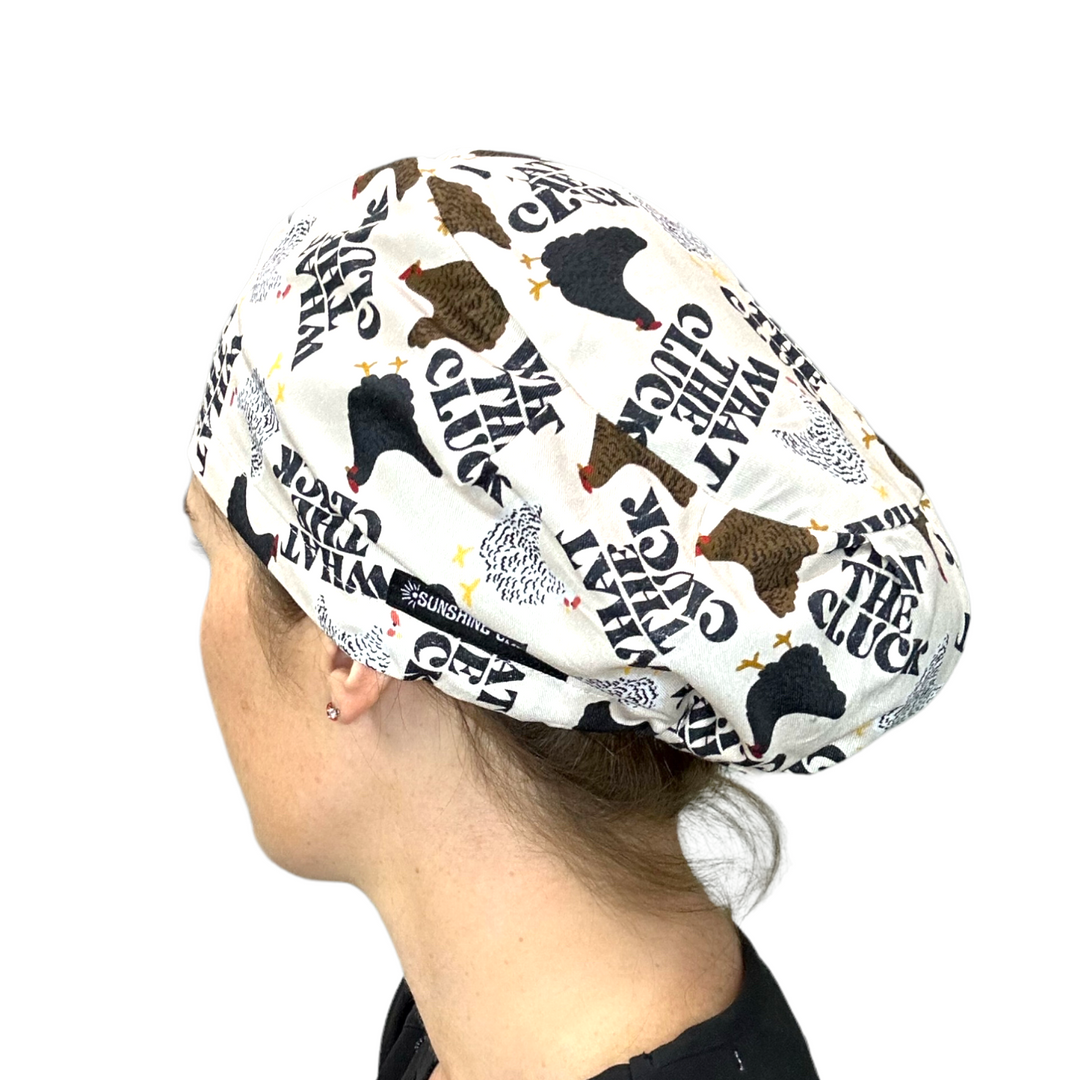 What the Cluck Euro Scrub Cap for Women, by Sunshine Caps Co