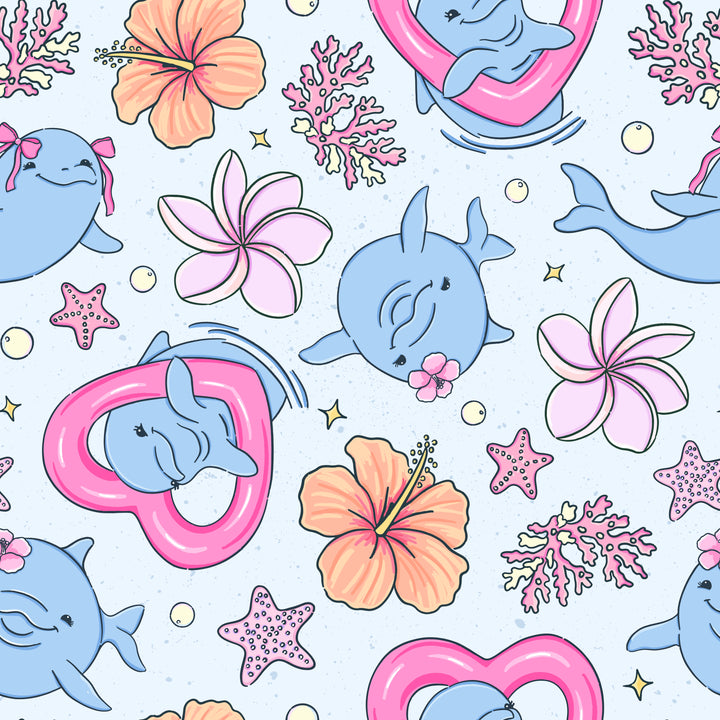 Pattern of dolphins, flowers, and sea creatures on a light blue background
