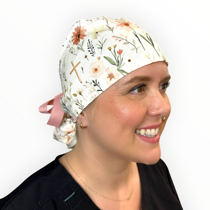 Faithful Floral- Ponytail Scrub Cap