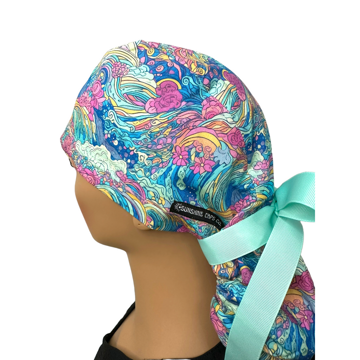 Preppy Waves Ponytail Scrub Cap for Women, By Sunshine Caps Co.