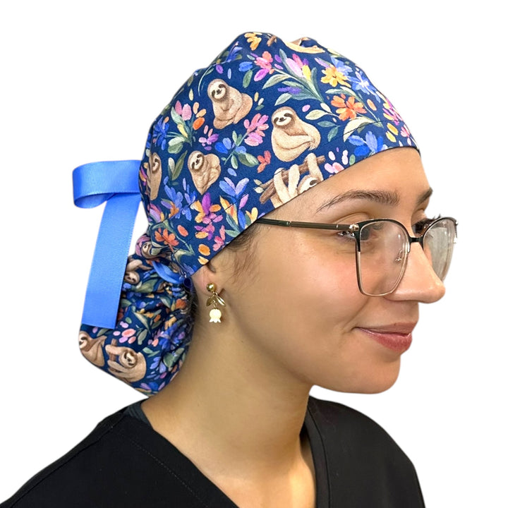 Sloth Whimsy- Ponytail Scrub Cap