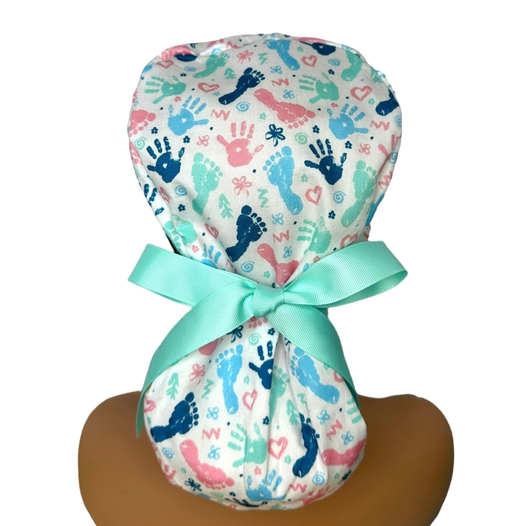 baby prints labor delivery Ponytail Scrub Cap for Women, By Sunshine Caps Co.