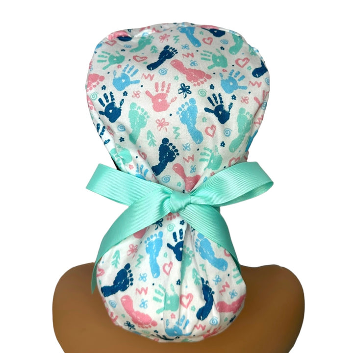 baby prints labor delivery Ponytail Scrub Cap for Women, By Sunshine Caps Co.