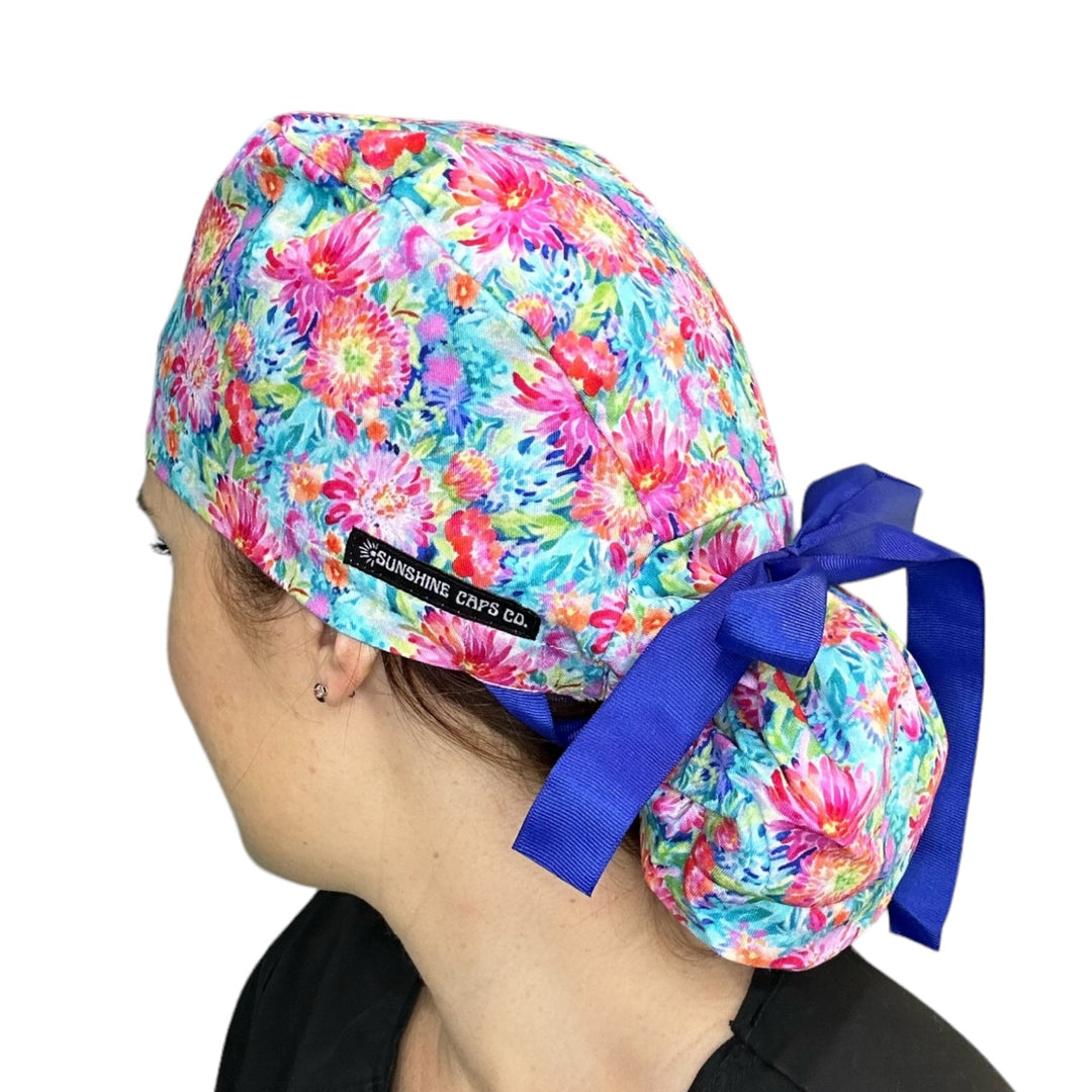 Bright Floral Ponytail Scrub Cap for Women, By Sunshine Caps Co.
