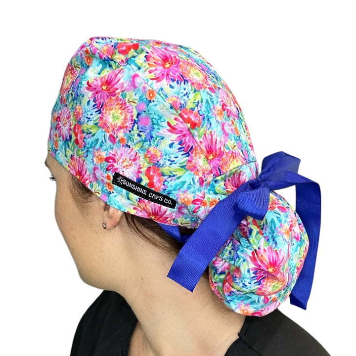 Bright Floral Ponytail Scrub Cap for Women, By Sunshine Caps Co.