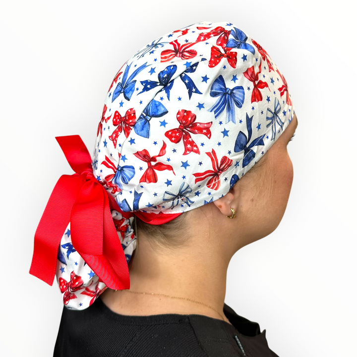 Red, White & Bows- Ponytail Scrub Cap