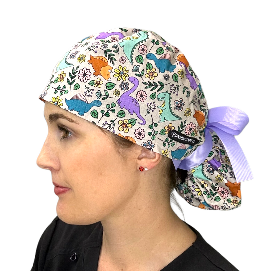 Dinosaur floral Ponytail Scrub Cap for Women, By Sunshine Caps Co.