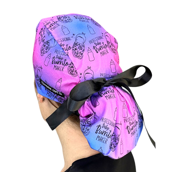 Burrito Maker labor and delivery Ponytail Scrub Cap for Women, By Sunshine Caps Co.
