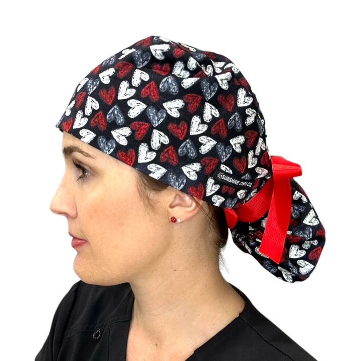 chalk heart valentine Ponytail Scrub Cap for Women, By Sunshine Caps Co.