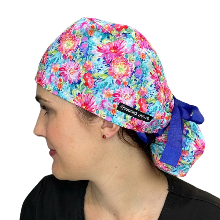 Bright Floral Ponytail Scrub Cap for Women, By Sunshine Caps Co.