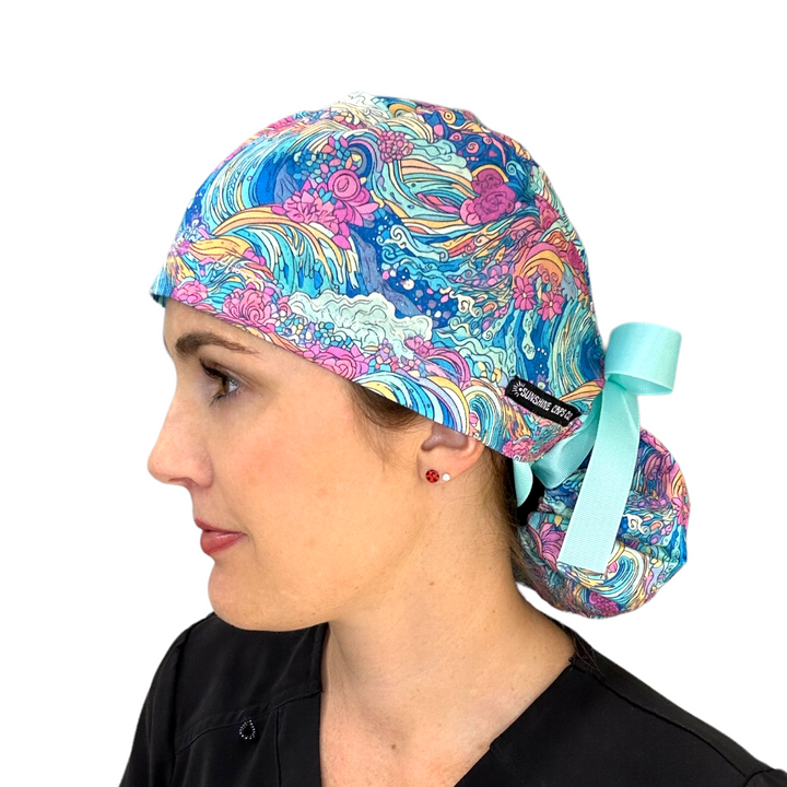 Preppy Waves Ponytail Scrub Cap for Women, By Sunshine Caps Co.