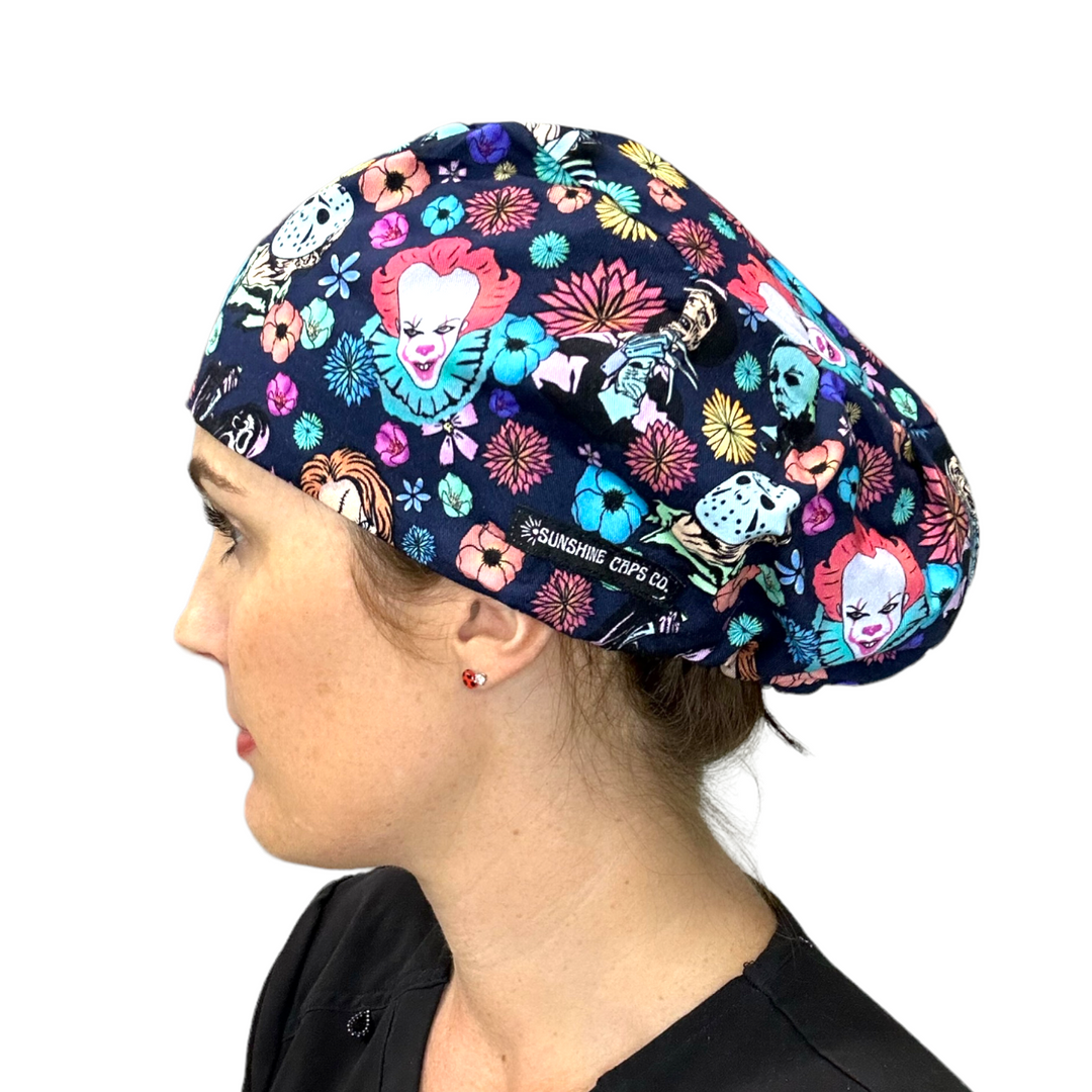 Horror Floral Halloween Euro Scrub Cap for Women, by Sunshine Caps Co