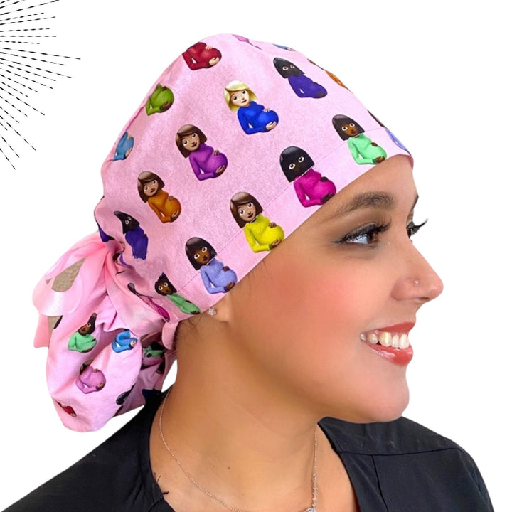 maternity pregnant emoji on Ponytail Scrub Cap for Women, By Sunshine Caps Co.