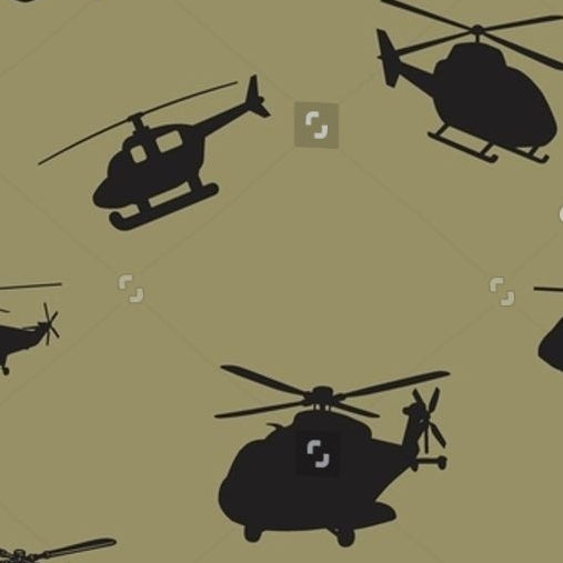 A repeating pattern of military helicopters in black and gray on an olive green background, with Shutterstock watermarks across the image.