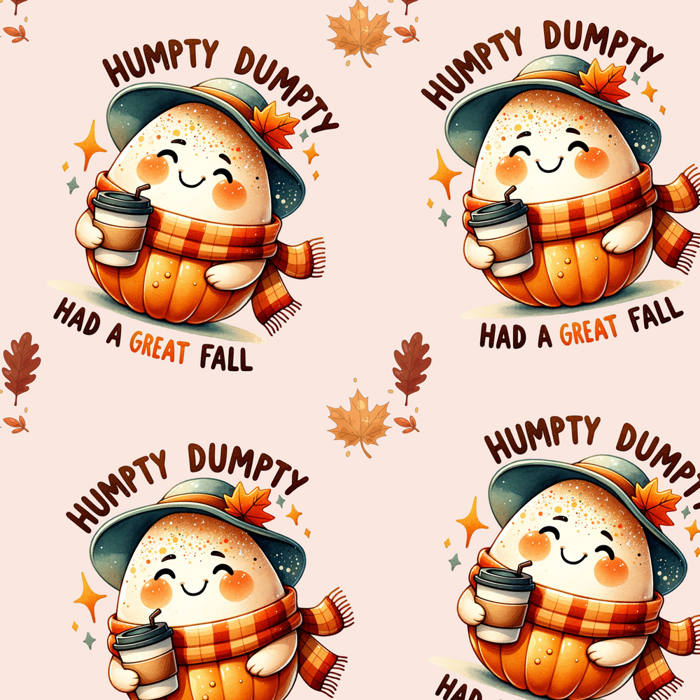 A repeating autumn-themed graphic pattern featuring a cute pumpkin character wearing a dark blue hat and an orange plaid scarf, holding a coffee cup. The text reads 'HUMPTY DUMPTY HAD A GREAT FALL' with scattered maple leaves and stars on a pale pink background.
