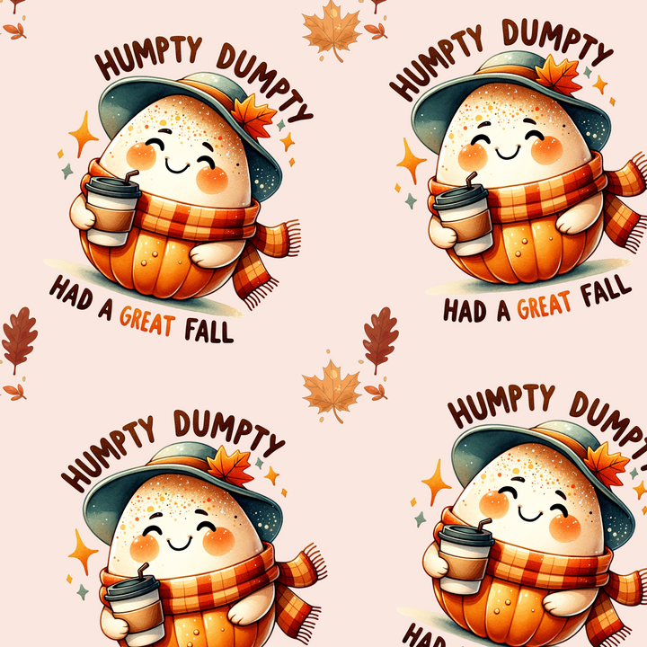 A repeating autumn-themed graphic pattern featuring a cute pumpkin character wearing a dark blue hat and an orange plaid scarf, holding a coffee cup. The text reads 'HUMPTY DUMPTY HAD A GREAT FALL' with scattered maple leaves and stars on a pale pink background.